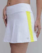 White athletic skirt with a yellow stripe on a neutral background