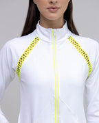 White jacket with yellow accents on a gray background