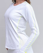 White long-sleeve athletic shirt with neon yellow accents on a gray background
