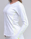 White long-sleeve athletic shirt with neon yellow accents on a gray background