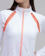 White athletic jacket with orange accents on a plain background