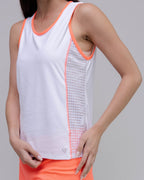 White tank top with orange trim worn by a person on a gray background